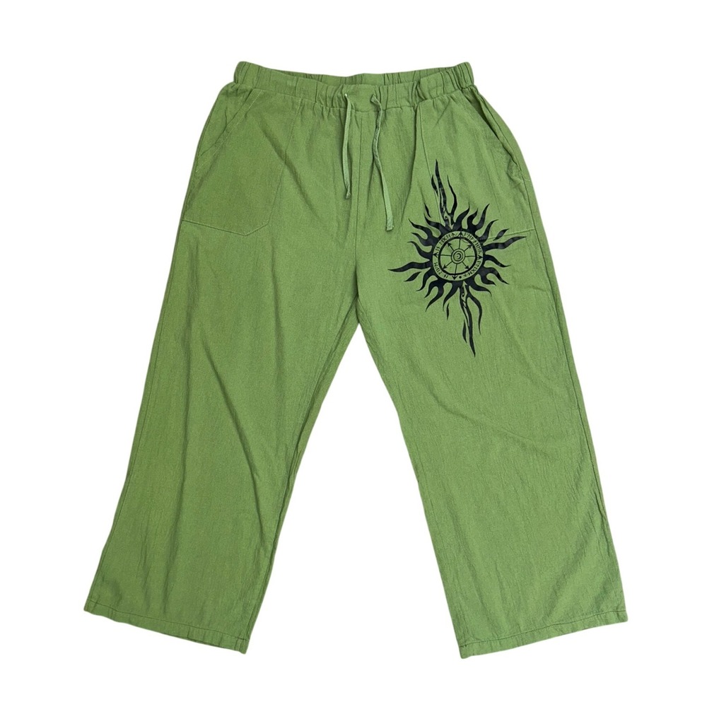 Green Cotton Sun Graphic Boho Hippie Festival Wide Leg Pants artsy flow